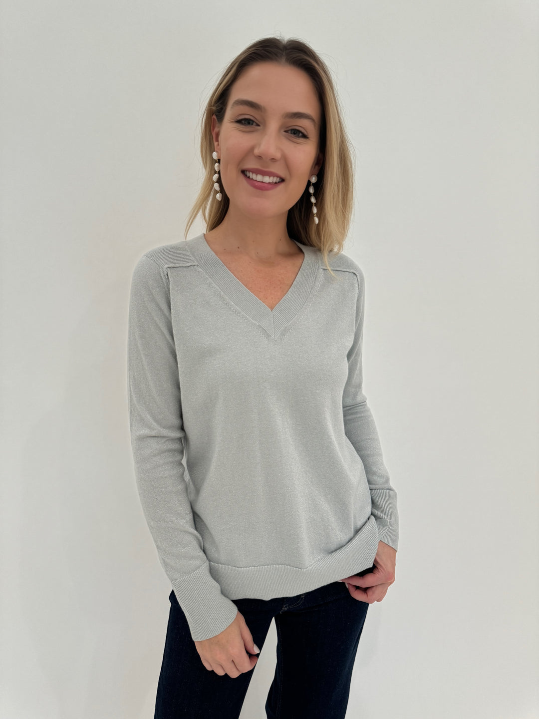 Pure Amici Metallic V-Neck Sweater in Mist