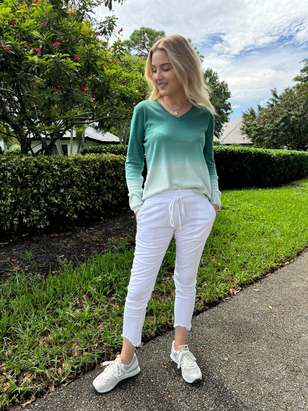 Elliott Lauren Lina Ombre Long Sleeve Sweater in Sea Salt paired with Barbara Katz Distressed Fringe Hem Crinkle Jogger in White available at barbarakatz.com