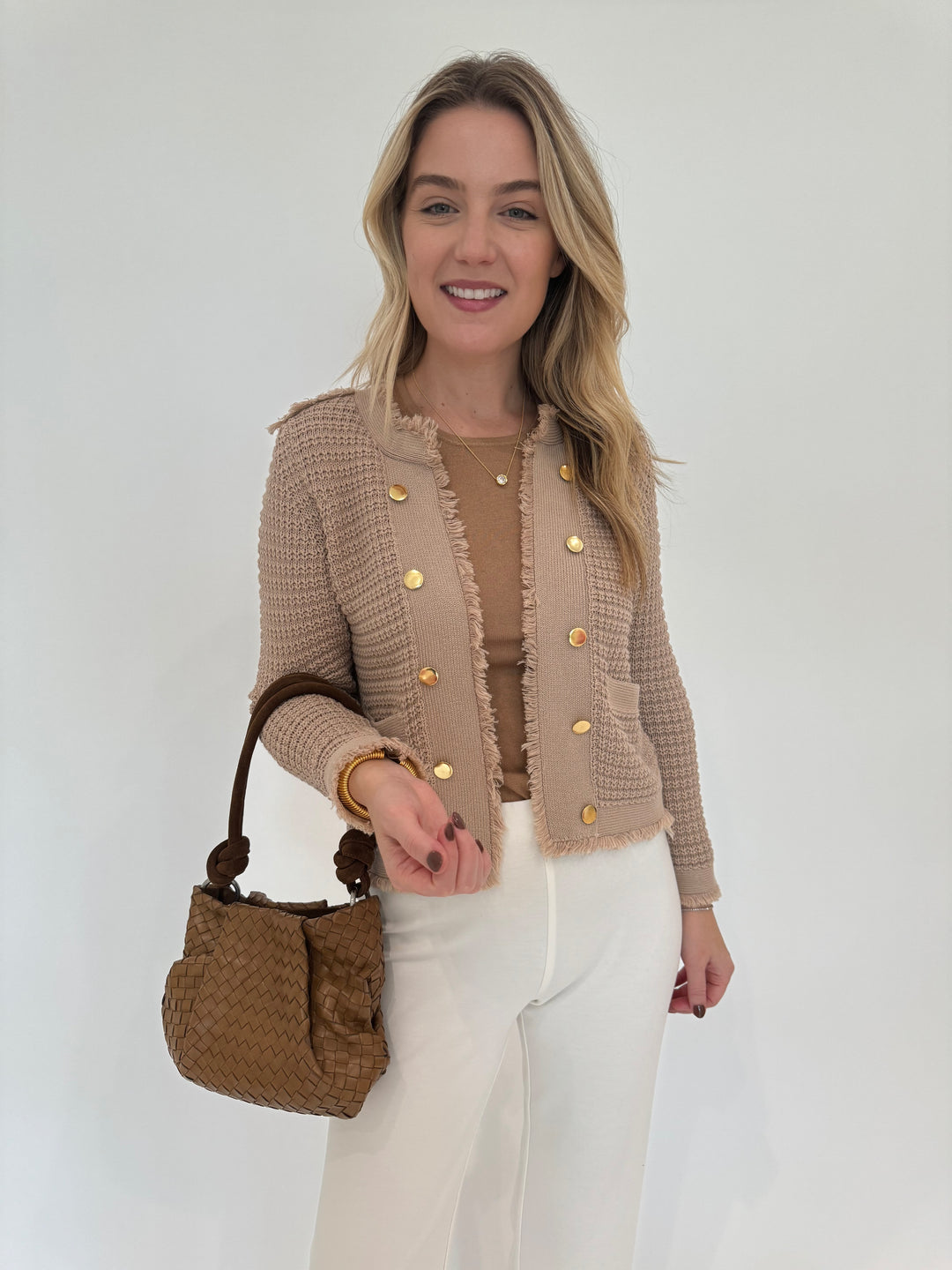 Kerri Rosenthal Beau-lero Fringe Cardigan in Camel available at Barbara Katz