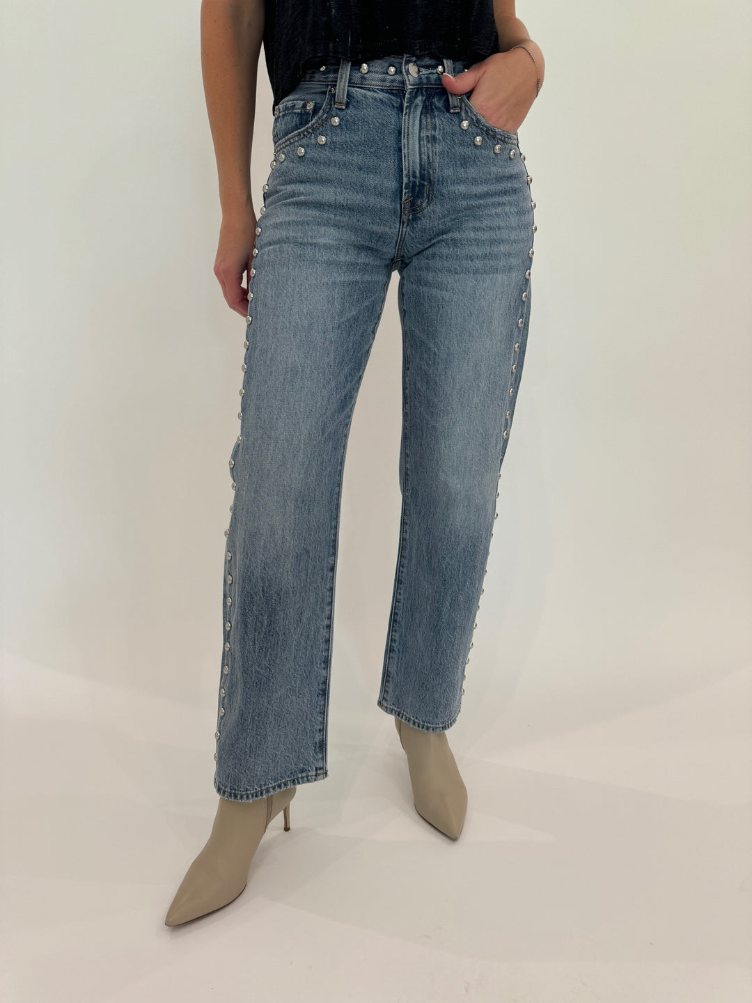 Pistola Lexi Mid Rise Bowed Straight Jeans in Satellite available at Barbara Katz