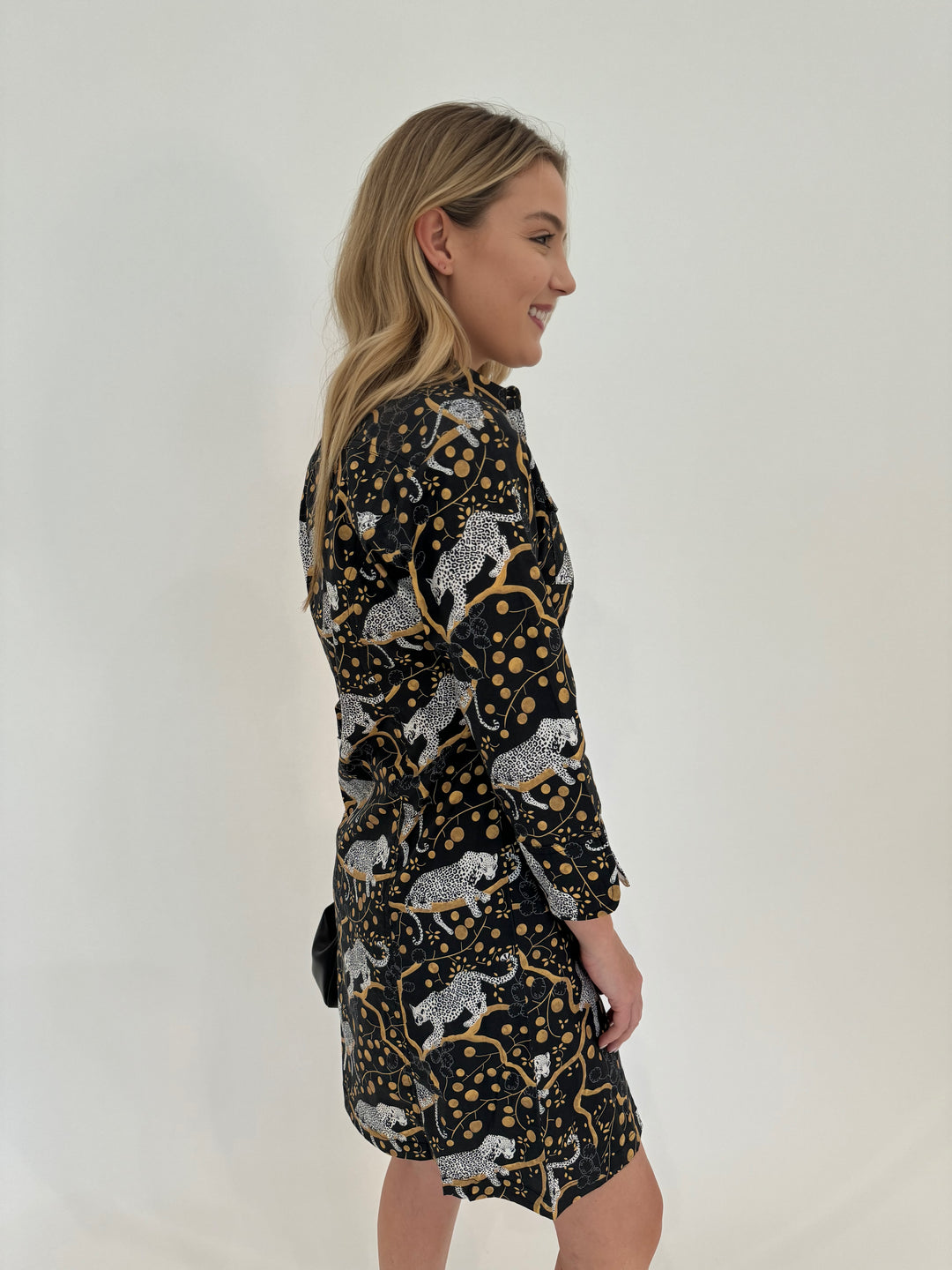 Dizzy-Lizzie Sag Harbor Shirt Dress in Black with Sleeping Cheetahs Print available at Barbara Katz