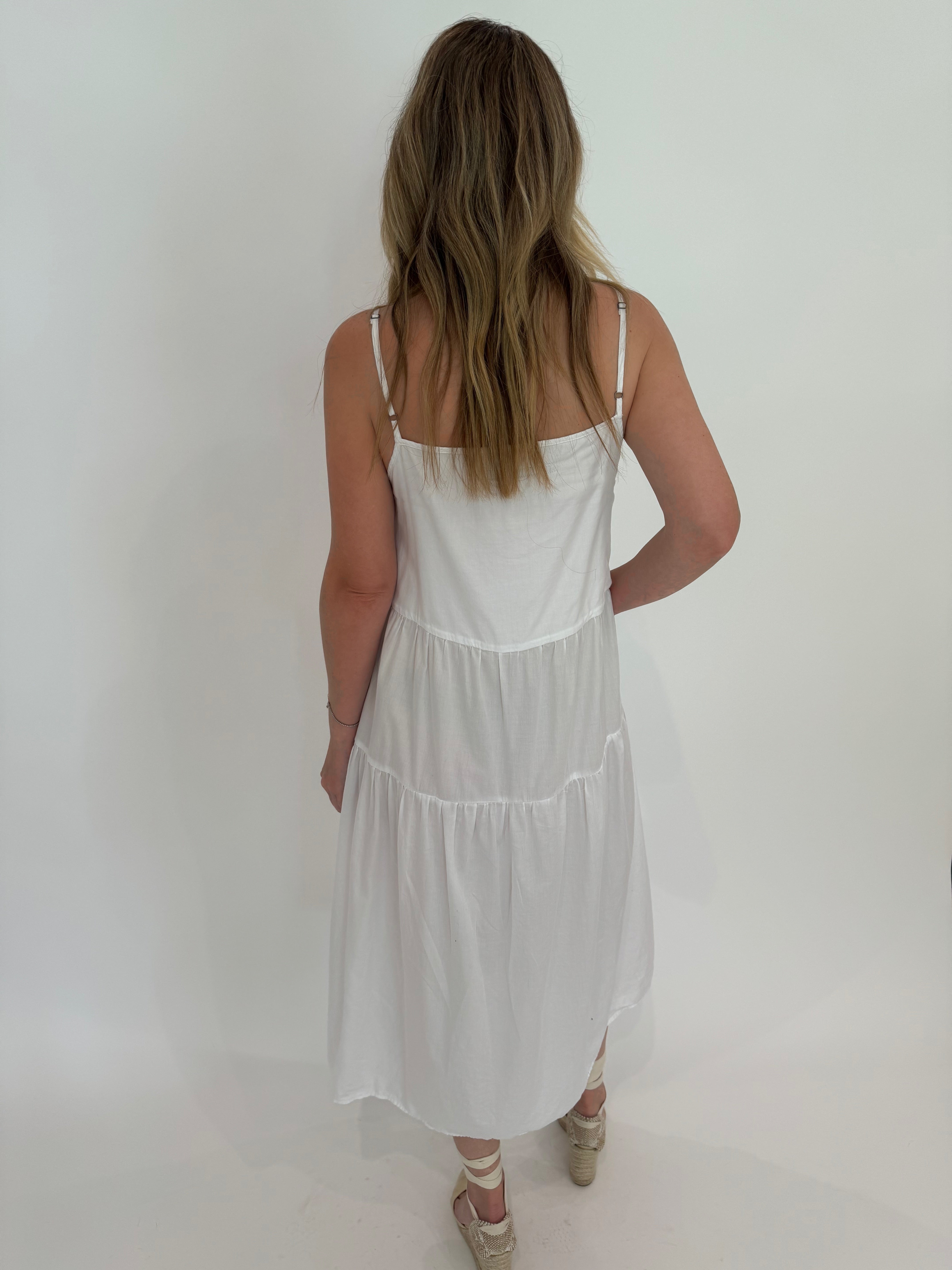 White 2024 100% Cotton Maxi Dress, Customizable Dress for Women, Tiered Camisole Dress with Pockets