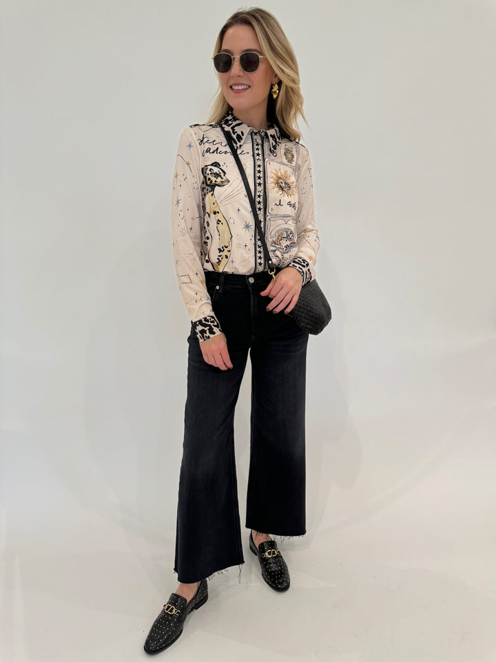 Oui Leopard Silky Shirt Blouse paired with Citizens of Humanity Lyra Crop Wide Leg Denim Jeans in Medallion, Le Specs Neptune Deux Sunglasses, Clare V Petit Moyen Messenger Bag in Black Woven Checker - all available at Barbara Katz