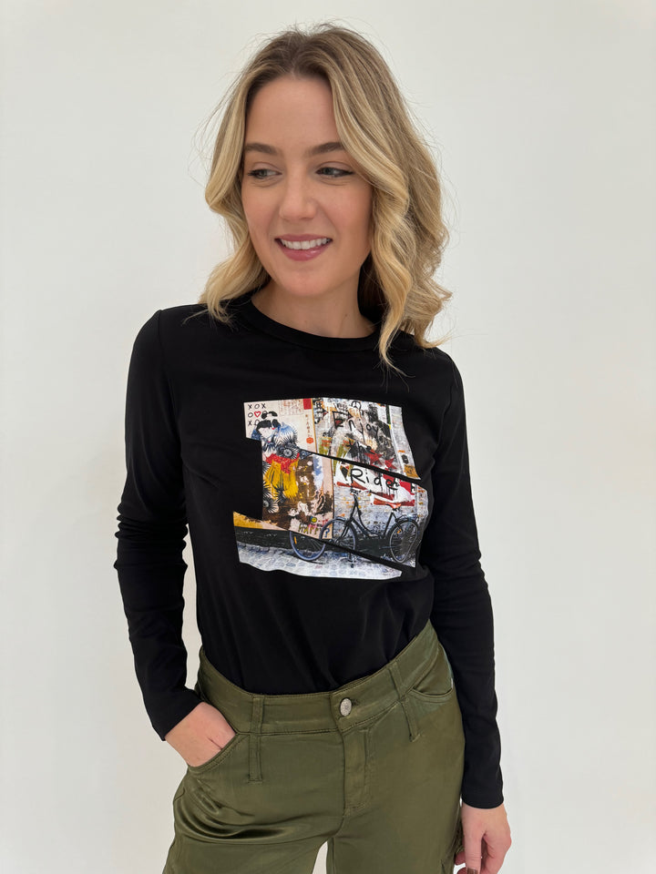 Suzi Roher Catherine Black Long Sleeve Crew Tee in Enjoy The Ride Print available at Barbara Katz