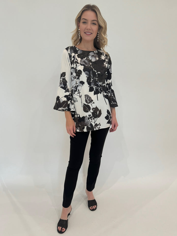 Caroline Rose Bella Top in Multi/Black paired with Black Pants and Lizzie Fortunato Cairo Pearl Earrings available at Barbara Katz