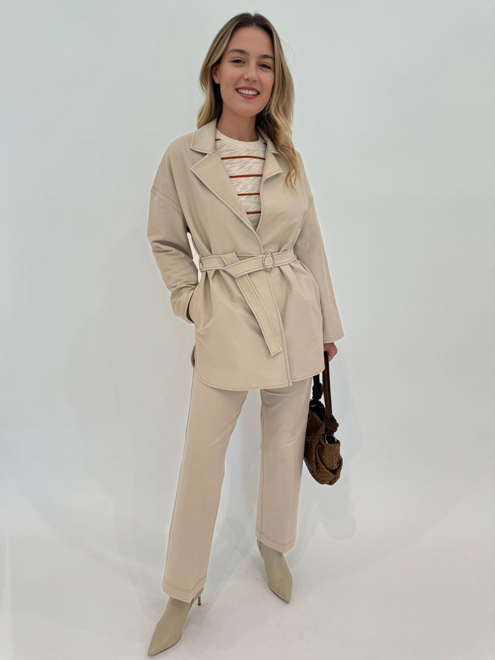 Max Mara Otranto Jersey Jacket paired with Quiete Denim-Effect Jersey Trousers in Beige