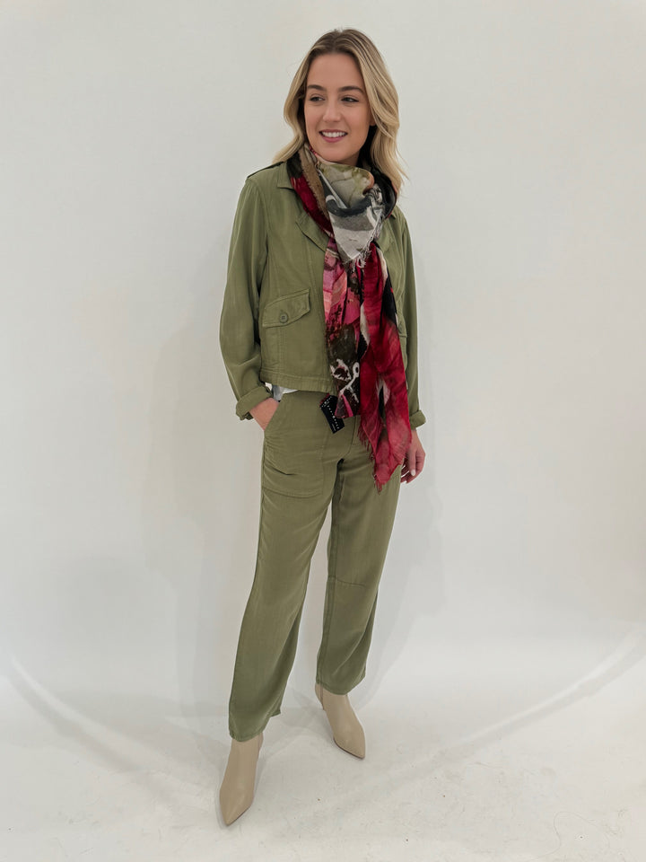 BK Marley Crop Jacket in Tea Leaf paired with matching Sydney Crop Pants and Suzi Roher Cristina Love It Like It Is Scarf - all available at Barbara Katz