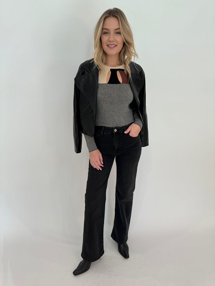 Elliott Lauren Athena Wide Leg Jeans in Washed Black paired with Aldomartins Kamuk Top layered with Adroit Atelier Black Ninon Vegan Leather Jacket available at Barbara Katz