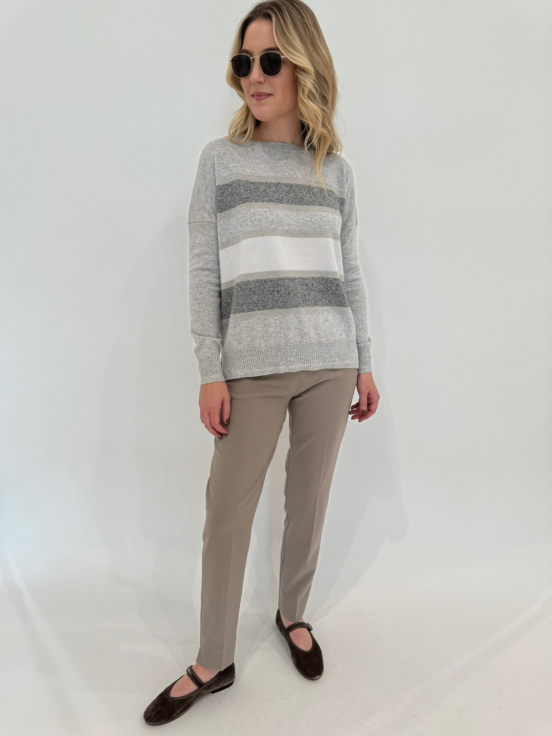 D.Exterior Multi Stripe Crew Sweater in Cenere paired with EW Straight Leg Trouser in Visone, Le Specs Neptune Deux Sunglasses - all available at Barbara Katz