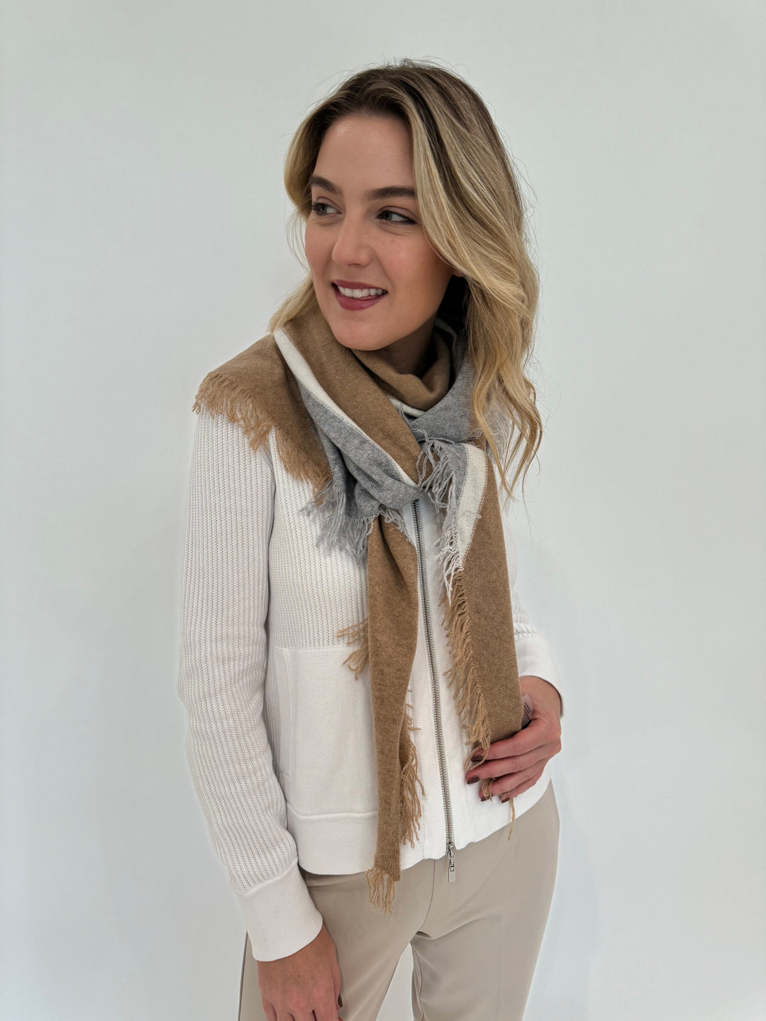 Kinross Cashmere Rib Zip Hoodie in White with Striped Triangle Wrap in Camel Multi available at Barbara Katz