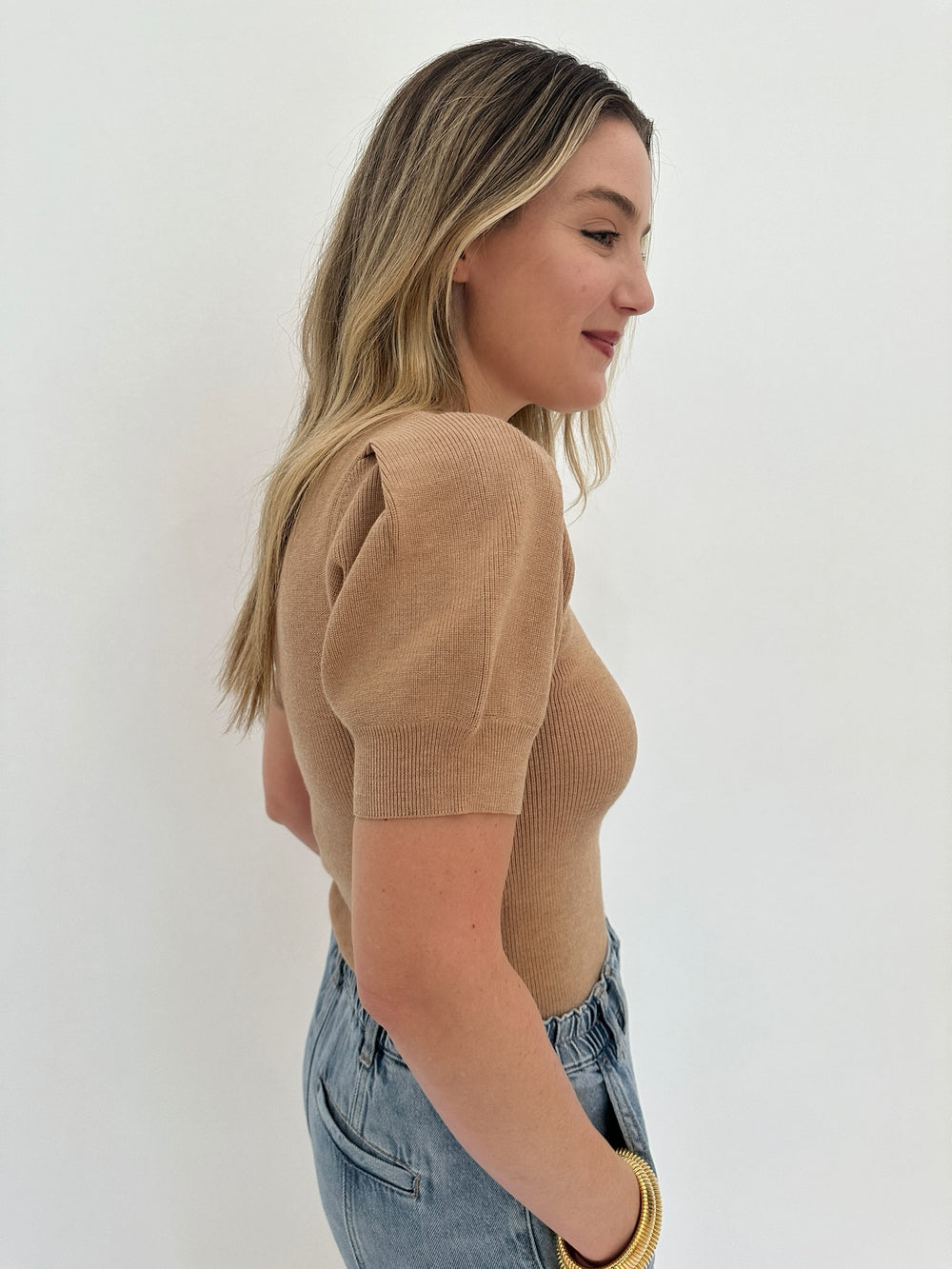 Marella Anfora Short-Sleeve Sweater in Camel 