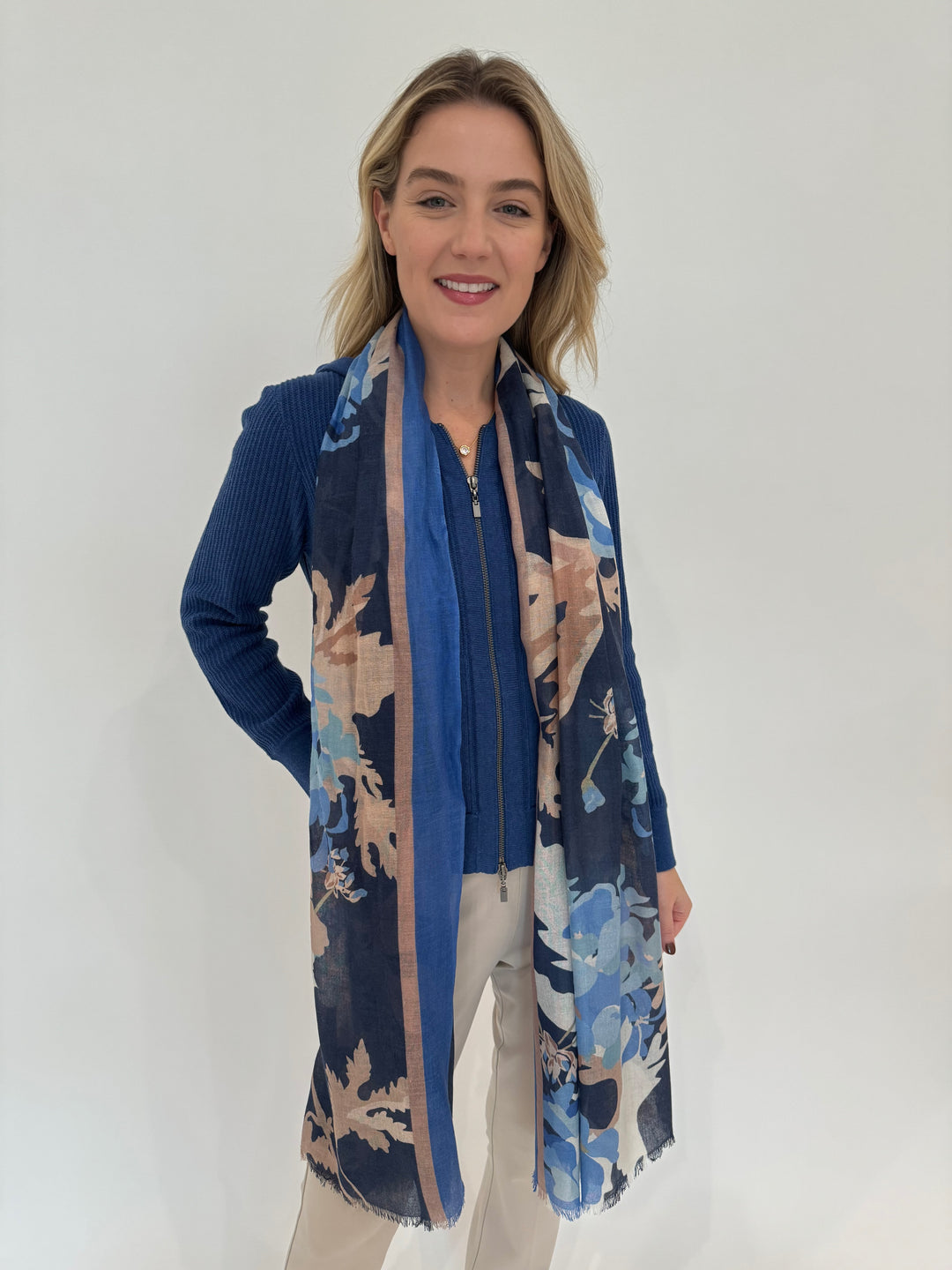 Kinross Cashmere Moody Blooms Print Scarf in Navy Multi available at Barbara Katz