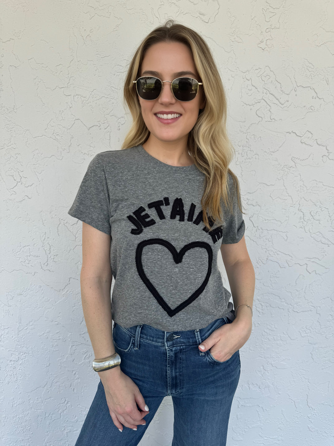 Cinq a Sept Textured Je T'Aime Heart Tee in Heather Grey/Black, 100% cotton t-shirt with crew neck, short sleeves, and textured graphic print