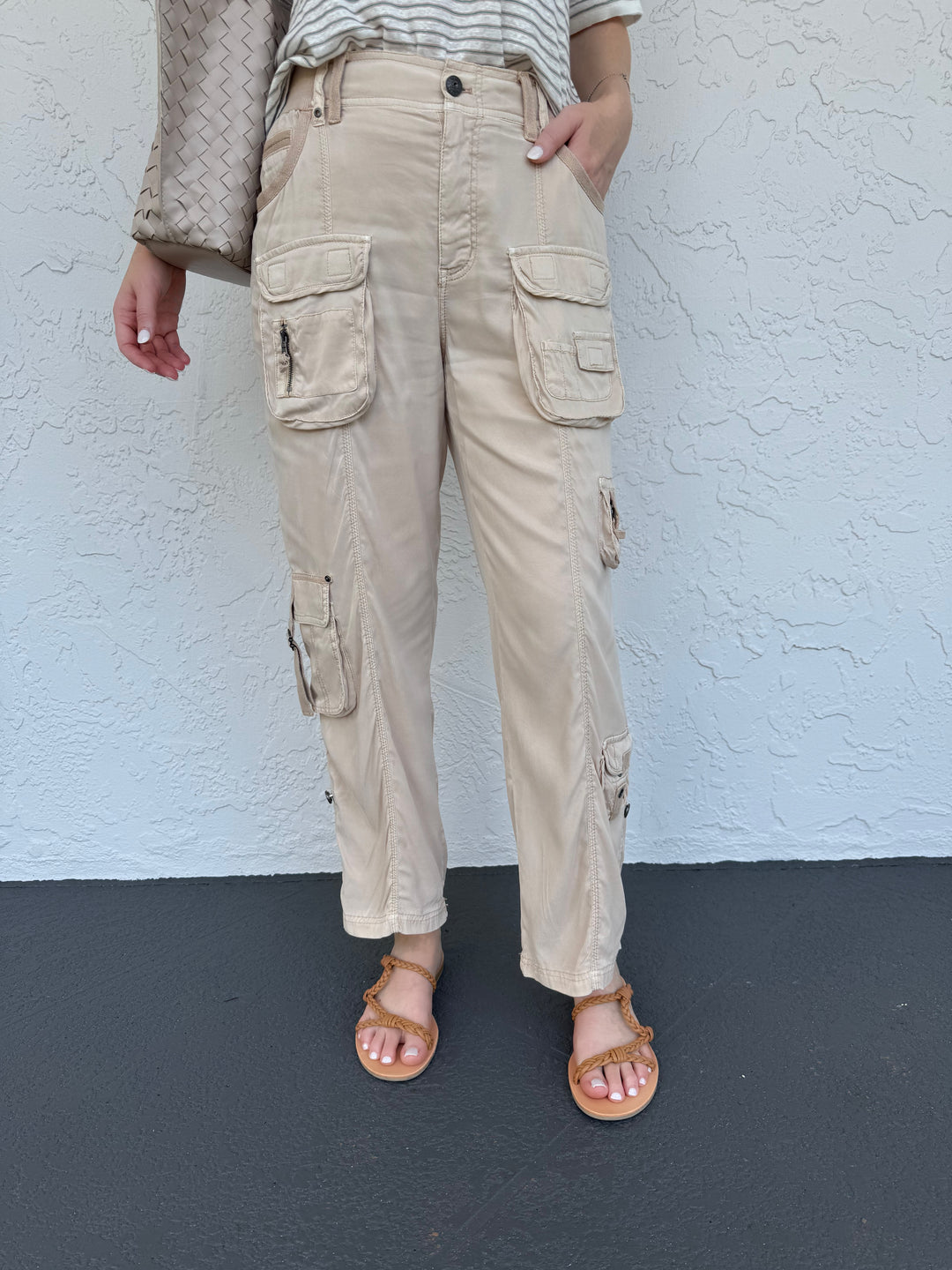 Marrakech Addison Pants in Mushroom, relaxed-fit pants featuring cupro fabric, with multiple pockets, belt loops, and unique seaming details