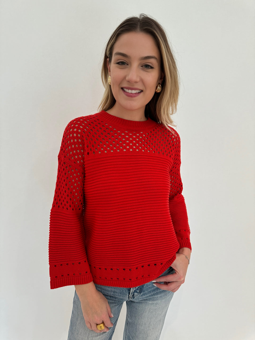 Autumn Cashmere Boxy Crew Sweater With Mesh Yoke in Pimento