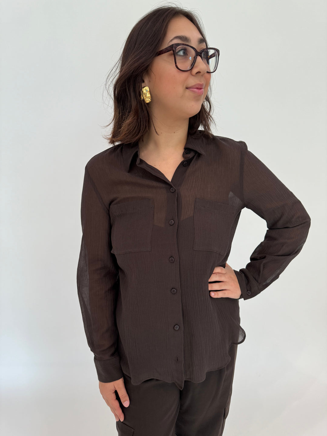 Marella Monochrome Orzo Sheer Long Sleeve Shirt in Dark Brown available at Barbara Katz