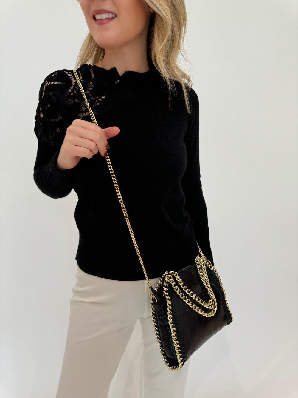 Barbara Katz Metallic Luxe Chain Leather Bag - Black
