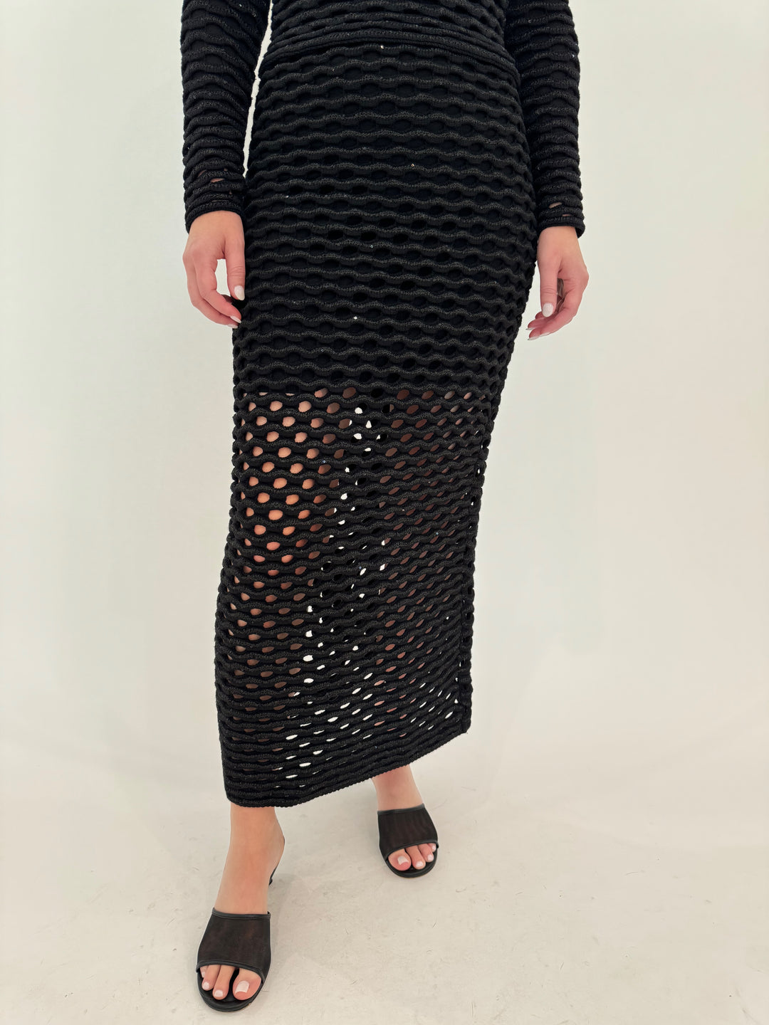 Maria Pavan Lyra Wave Sequin Midi Skirt in Black available at Barbara Katz