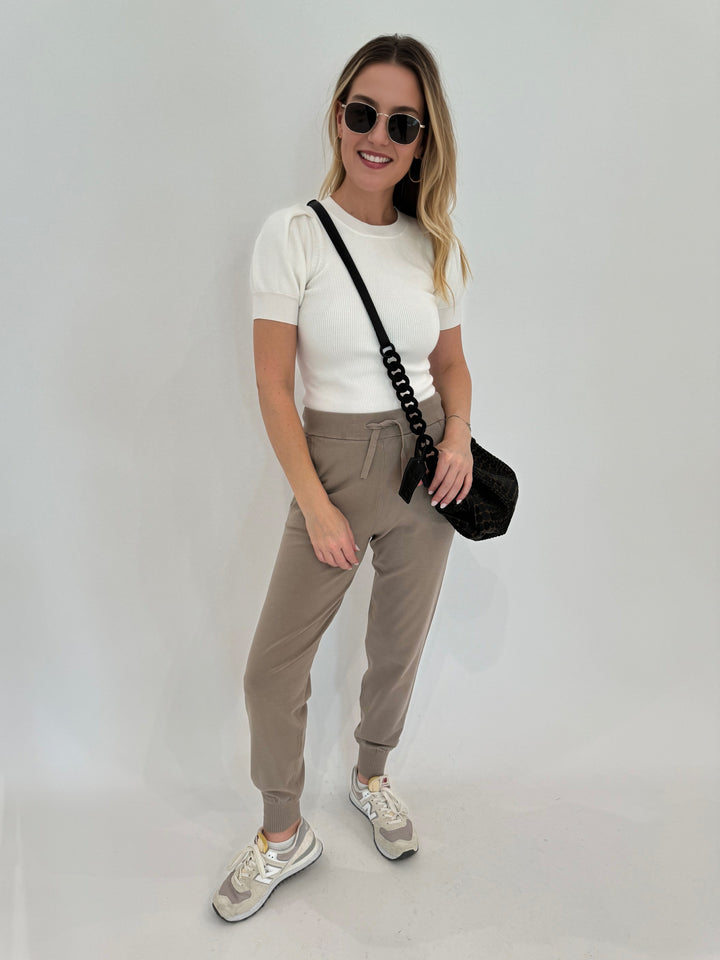 Marella Anfora Short-Sleeve Sweater in White paired with Max Mara Pila Sweatpants, Daniella Lehavi TOkyo Bali Bag, Le Specs Neptune Sunglasses