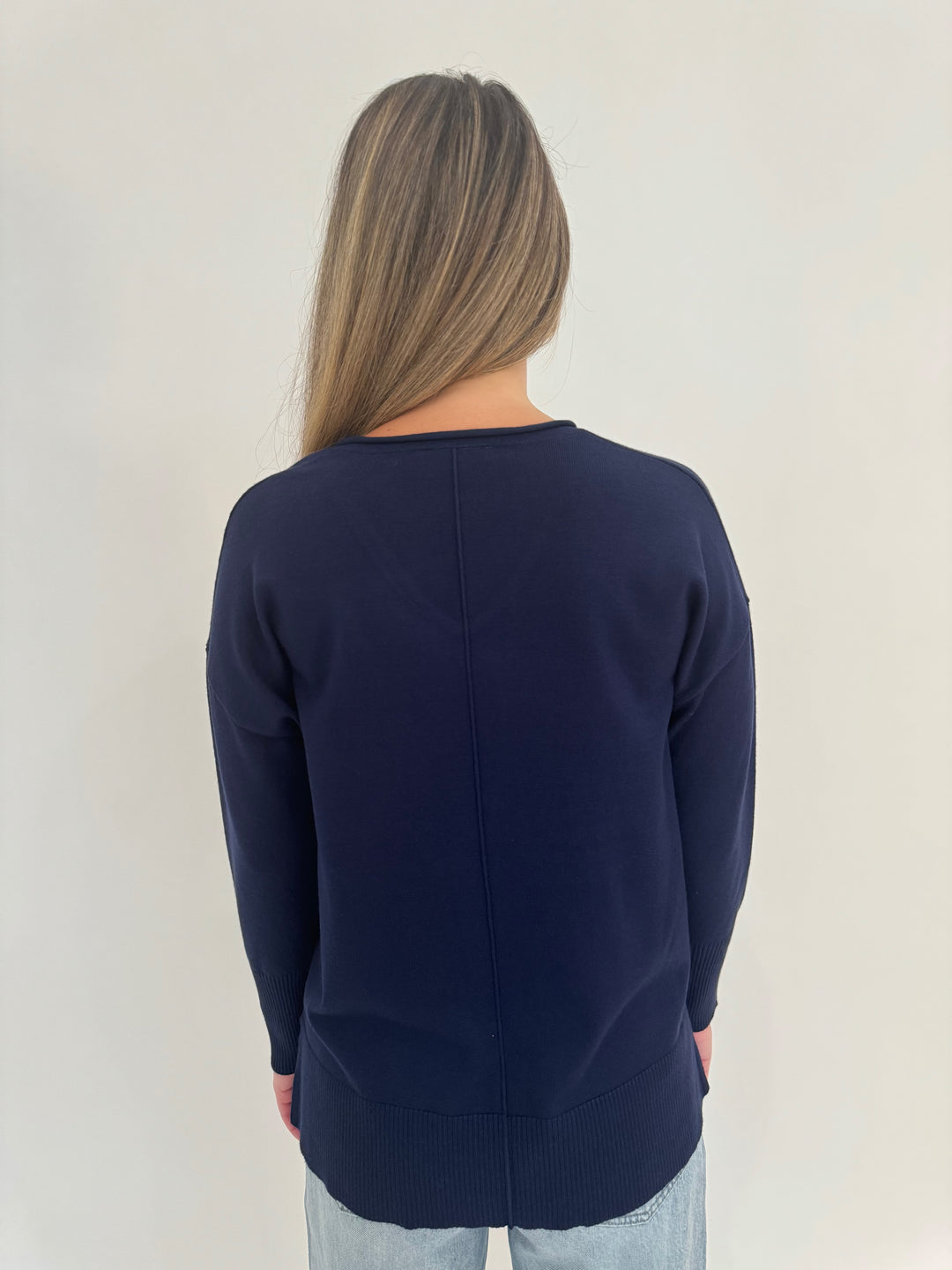 BK Selena Roll V-Neck Sweater in Navy available at Barbara Katz