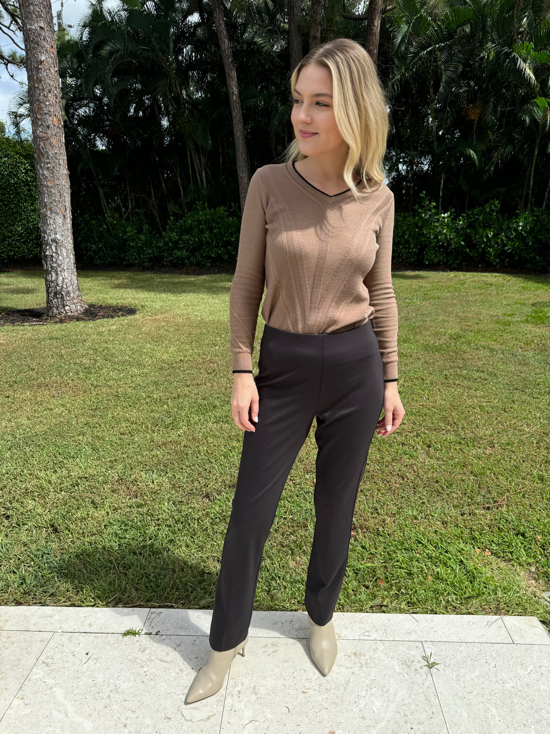 Peace of Cloth Tipped V-Neck Sweater in Coffee paired with Jules Paramount Trousers in Brown