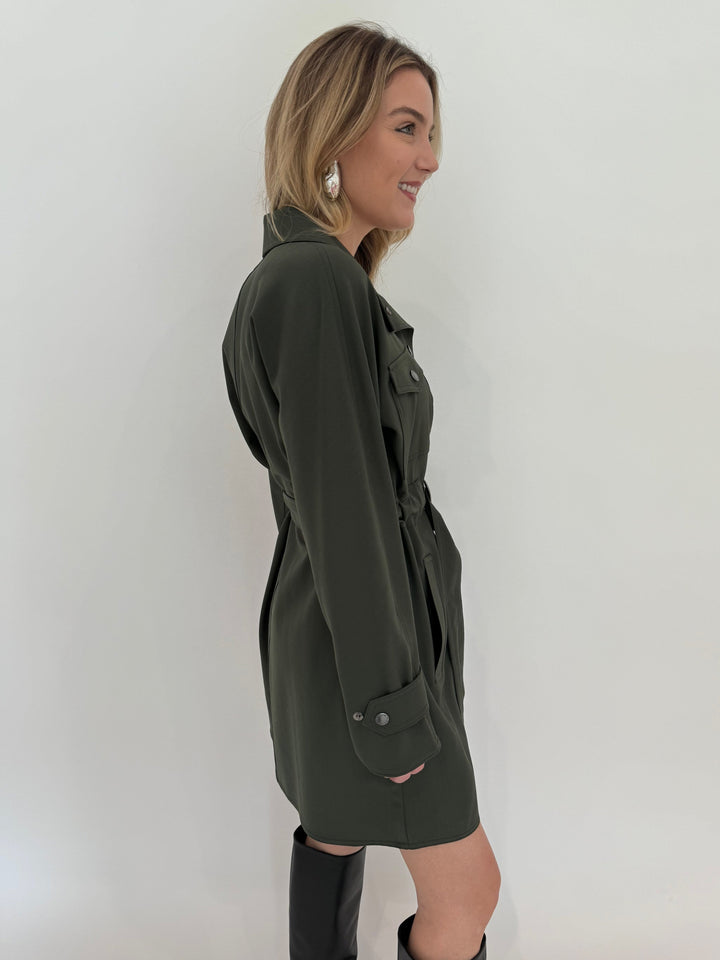 Max Mara Weekend Brioso Utility Long Sleeve Dress in Dark Green available at Barbara Katz