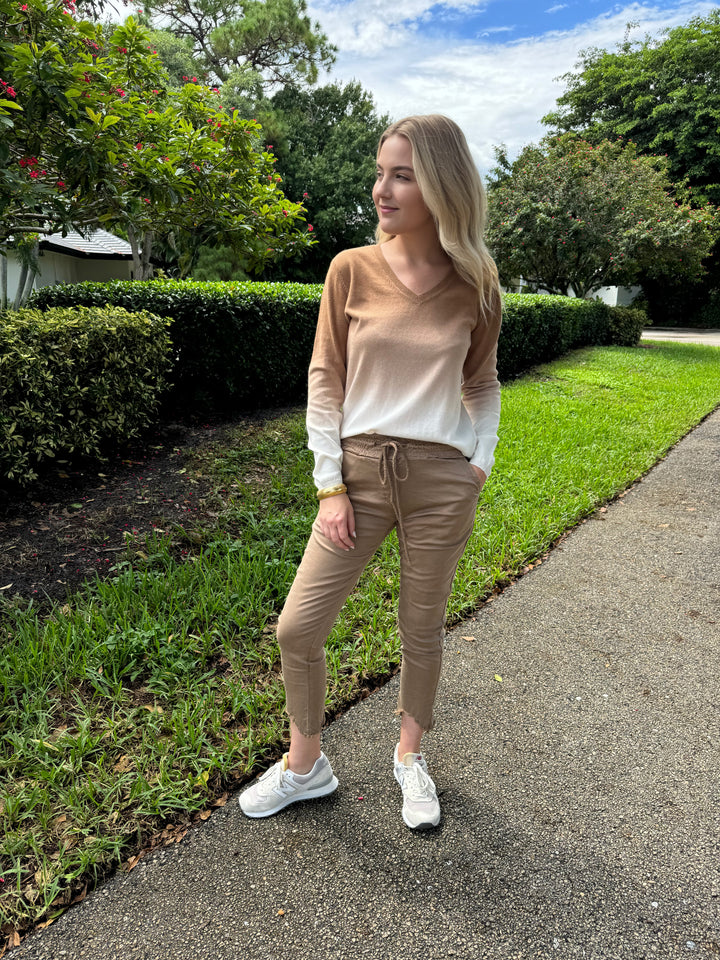 Elliott Lauren Lina Ombre V-Neck Sweater in Latte paired with BK Kylie Distressed Fringe Hem Crinkle Jogger in Camel available at BarbaraKatz.com