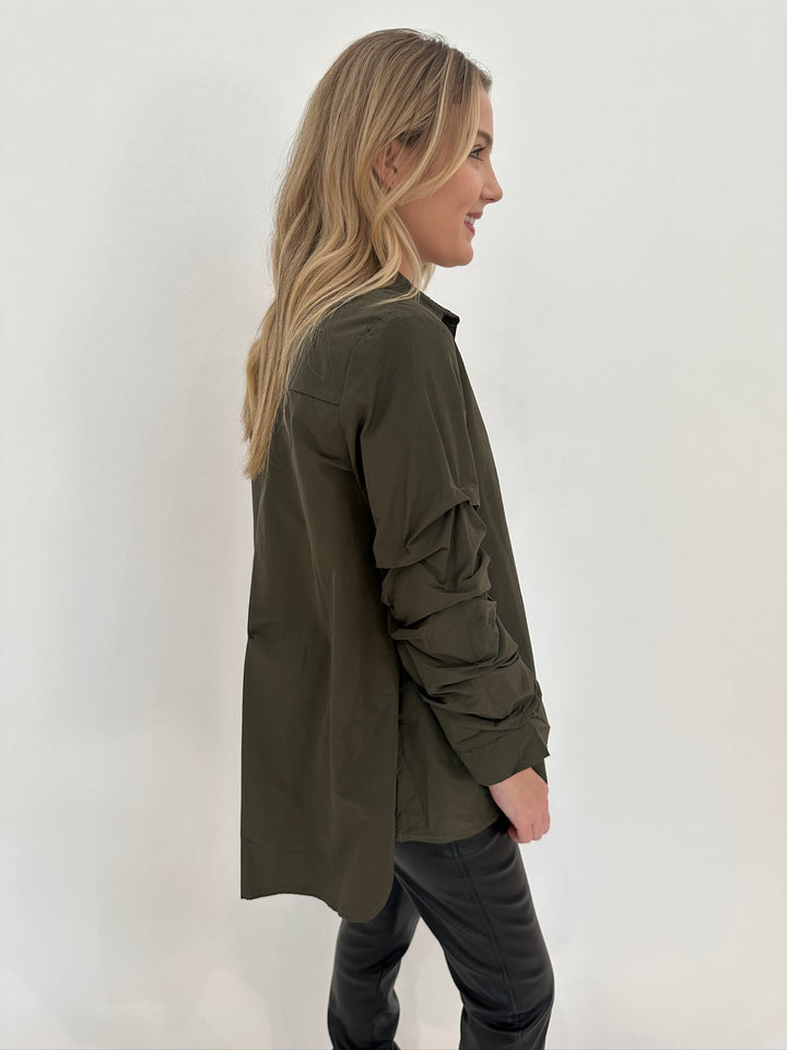 Ozai N Ku Sylvie Long Ruched Sleeve Button Down Shirt in Military available at Barbara Katz