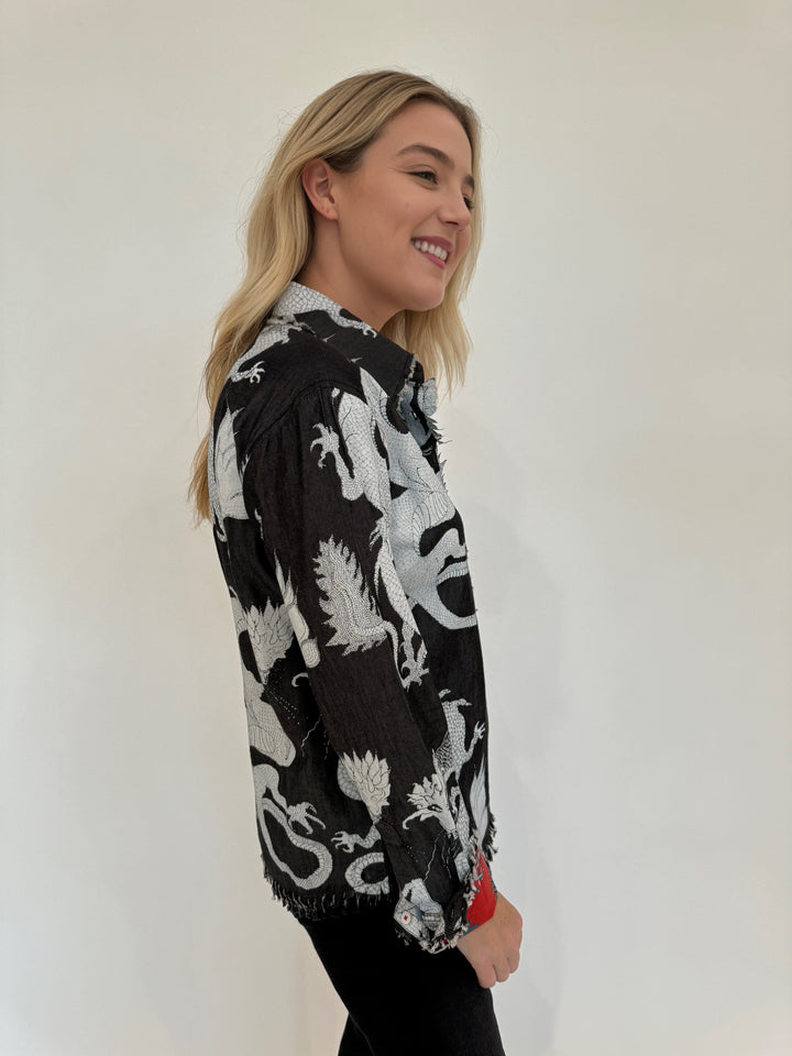 Dizzy-Lizzie Cape Cod Long Sleeve Shirt in Grey Denim Dragons Print available at Barbara Katz