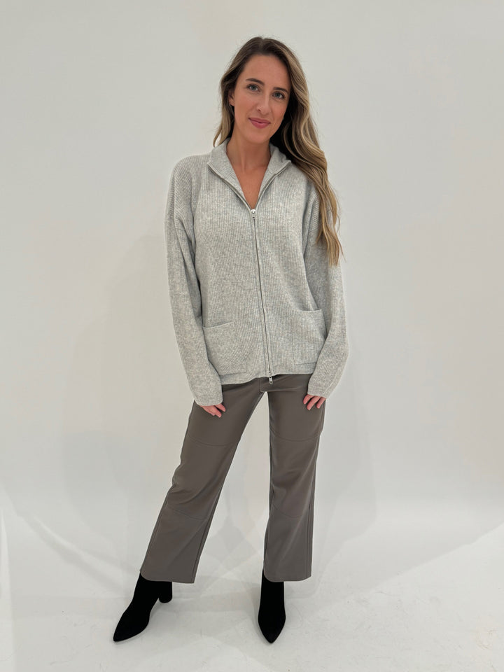 Colorush Ringo Rib Bomber Cardigan in Grey paired with Marella Selva Vegan Leather Trousers in Mud available at Barbara Katz