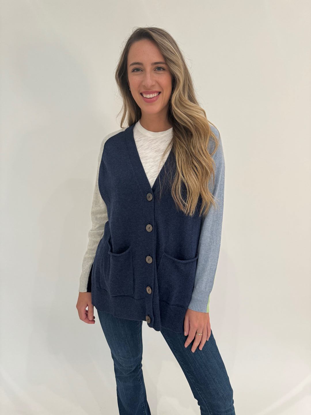 Zaket & Plover College Long Sleeve Cardigan in Denim available at Barbara Katz