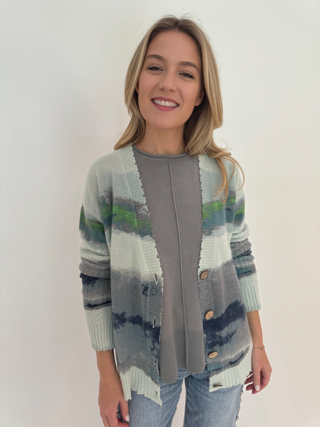 Lisa Todd Cashmere Color Coded Cardigan in Barely Blue with BK Roll Neck Center Seam Crew Sweater in Wild Dove underneath, available at Barbara Katz