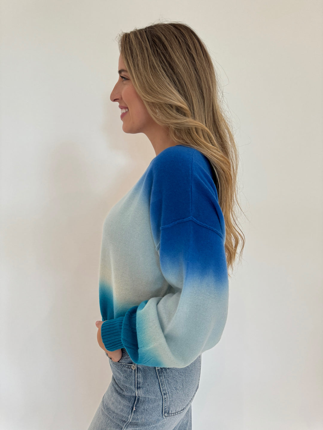 Colorush Dip Dye Balloon Sleeve Sweater in Waves available at Barbara Katz