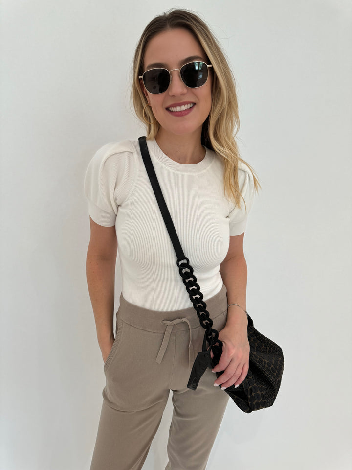 Marella Anfora Short-Sleeve Sweater in White paired with Max Mara Pila Sweatpants, Daniella Lehavi TOkyo Bali Bag, Le Specs Neptune Sunglasses