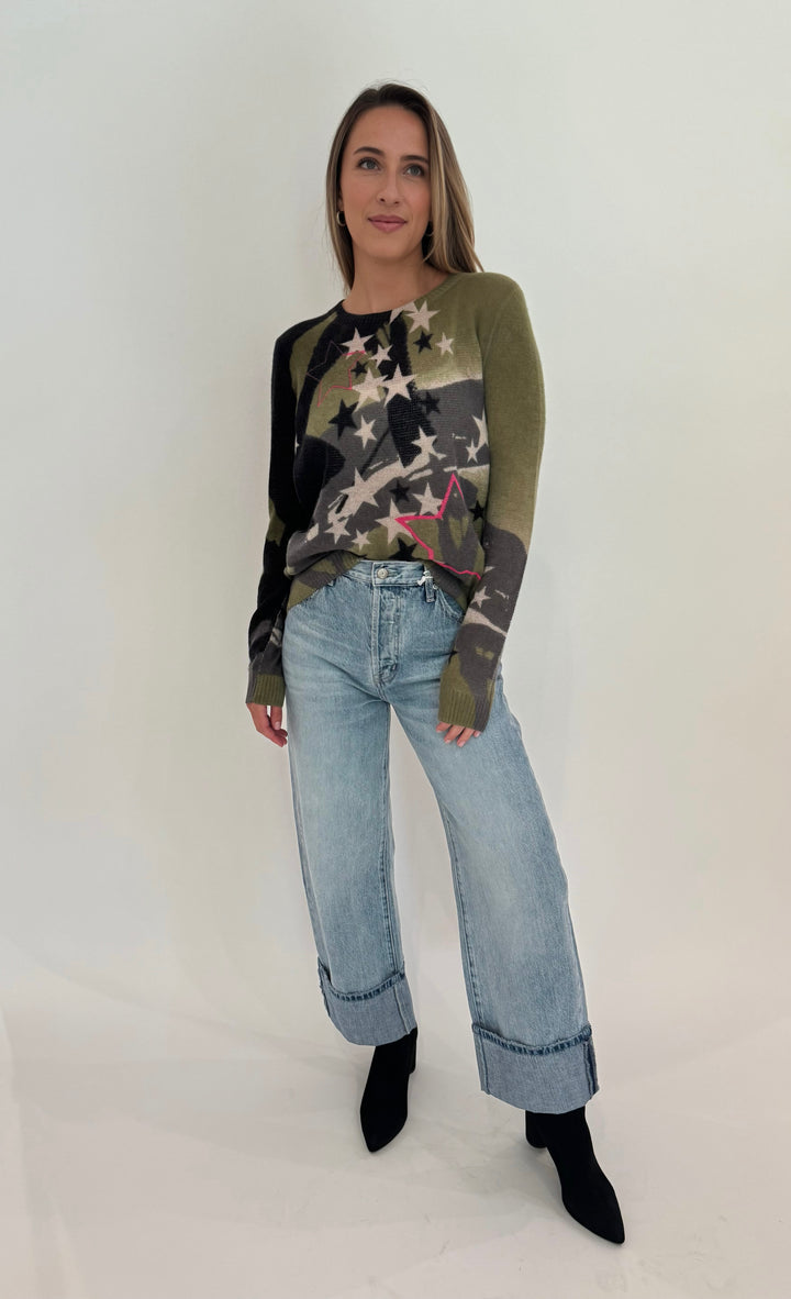 Lisa Todd Solar Power Cashmere Star Print Sweater in Eden paired with Pistola Ryder Cuffed Jeans in Essex available at Barbara Katz