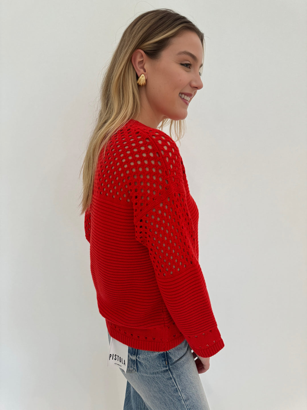 Autumn Cashmere Boxy Crew Long Sleeve Sweater With Mesh Yoke in Pimento