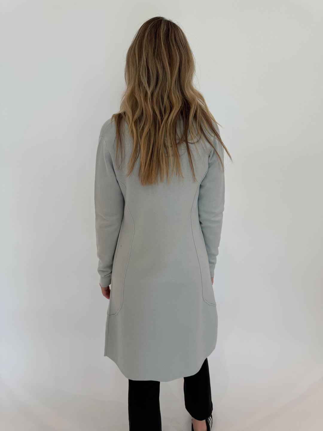 Pure Amici Long Open Cardigan in Mist available at Barbara Katz