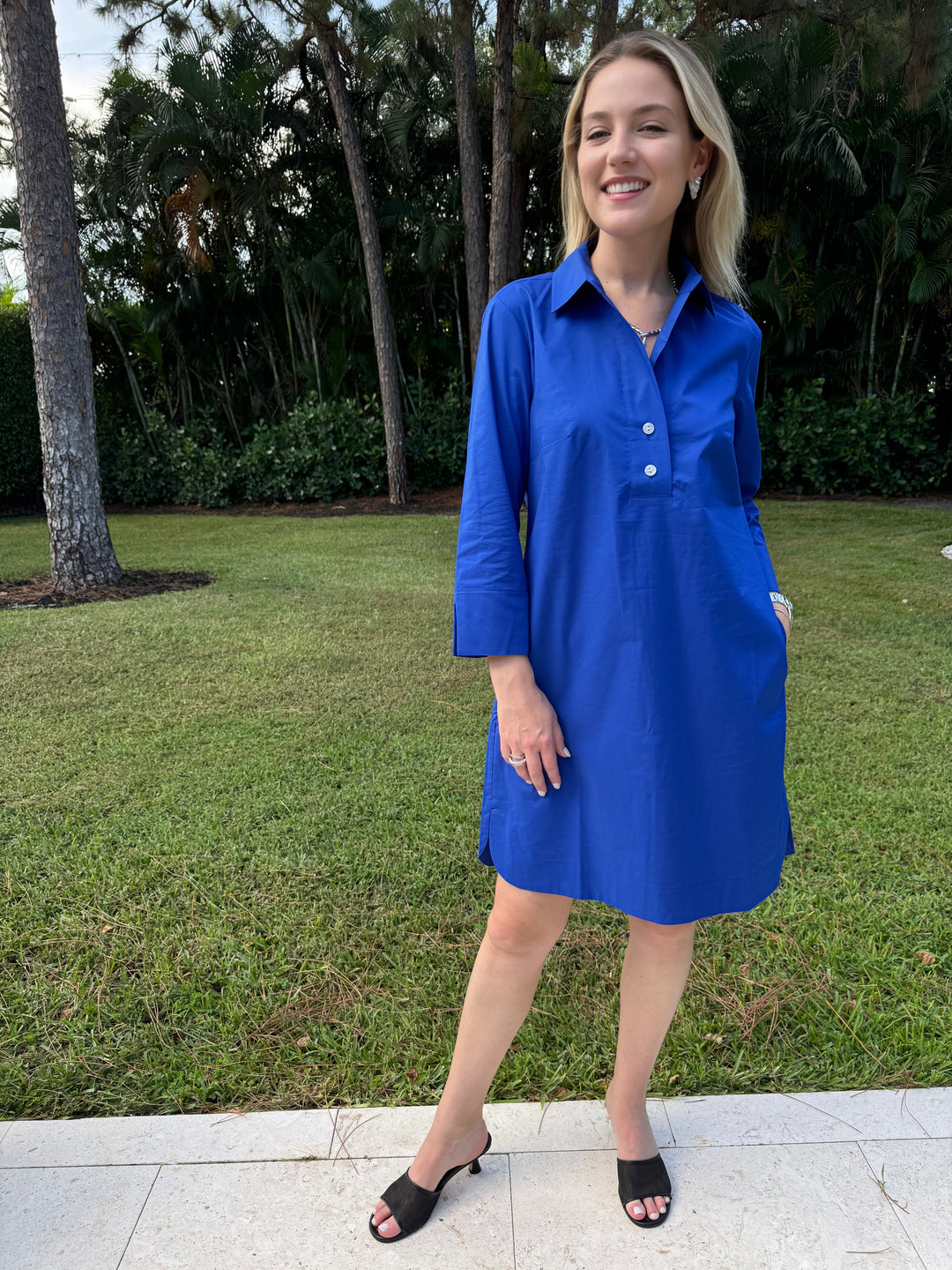 Hinson Wu Aileen Dress in Cobalt Blue, stretch polished cotton blend shirt dress with 3/4 sleeves