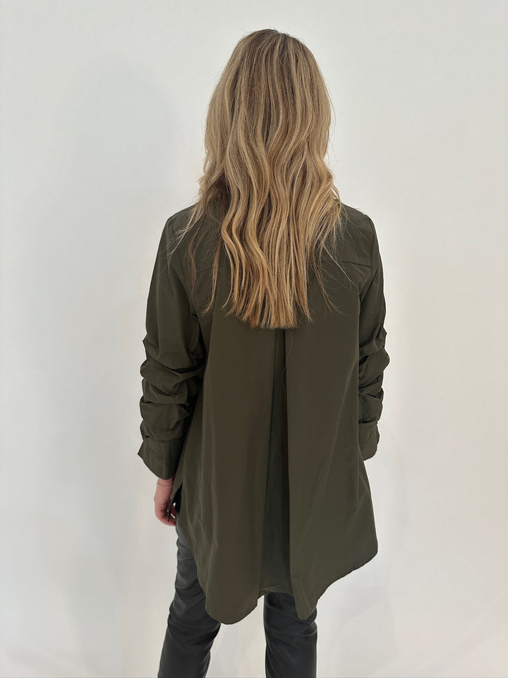 Ozai N Ku Sylvie Ruched Sleeve Button Down Shirt in Military available at Barbara Katz