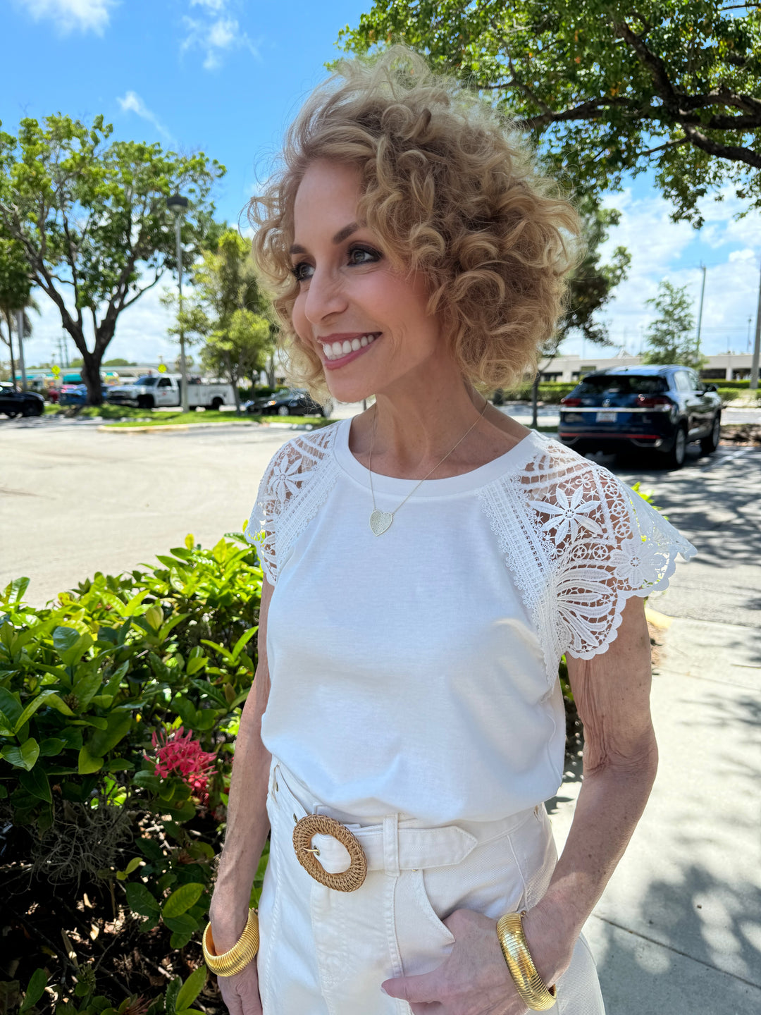 Generation Love Adora Lace Combo Top in White, cotton blend blouse with crew neckline, short lace sleeves, and fitted design