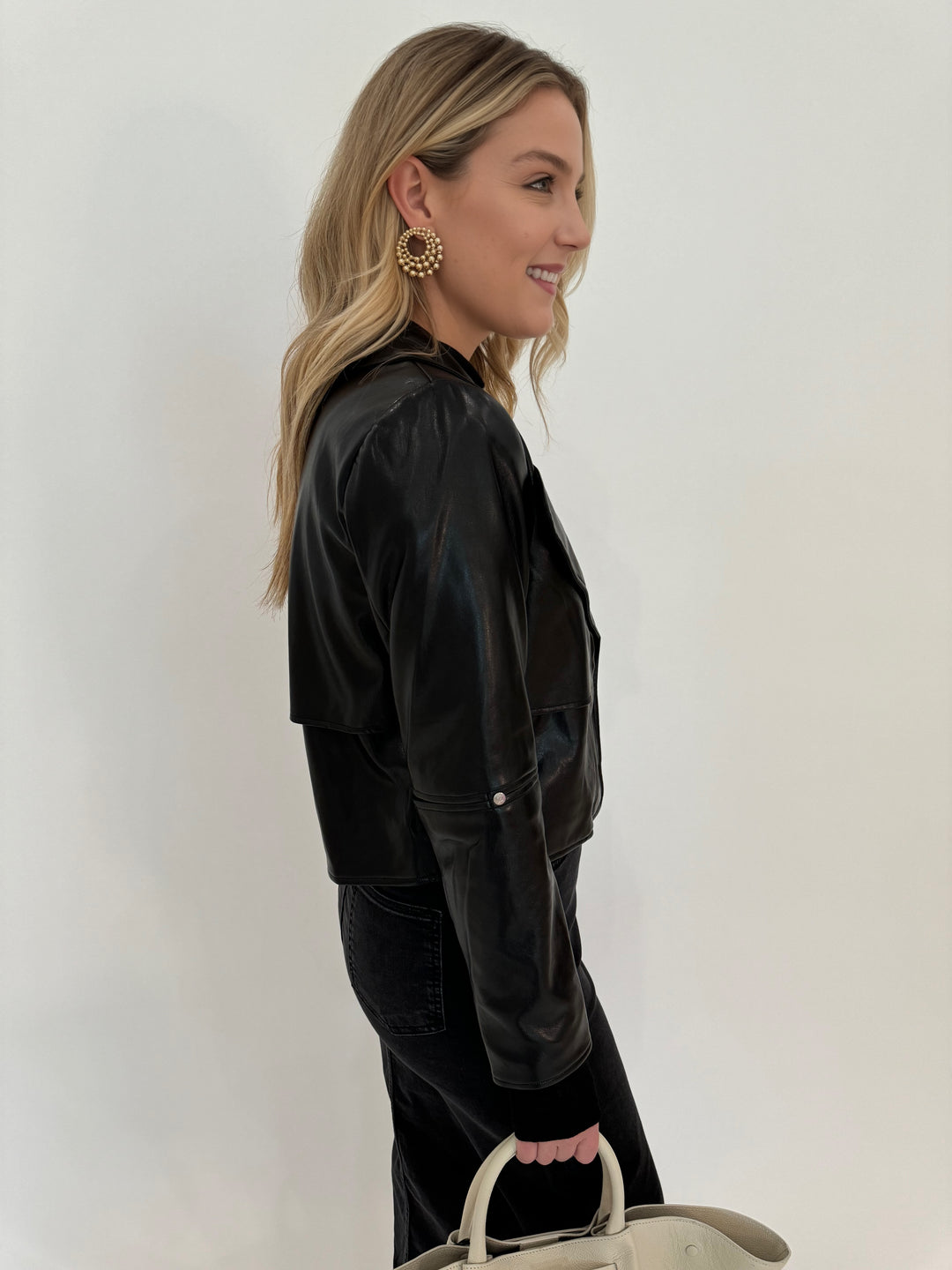 Adroit Atelier Ninon Vegan Leather Long Sleeve Jacket in Black available at Barbara Katz