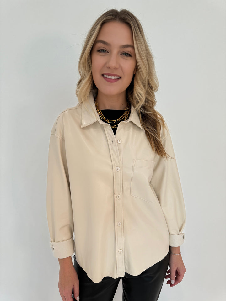 Melissa Nepton Driane Button Down Faux Leather Shirt in Cream available at Barbara Katz