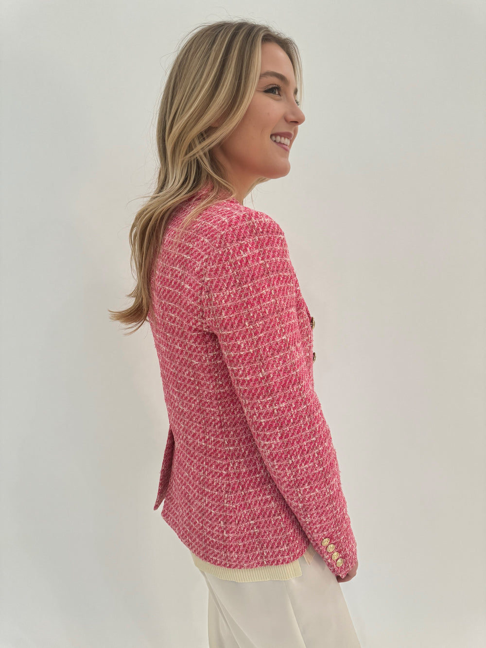 Generation Love Eliza Long Sleeve Tweed Blazer in Hot Pink available at Barbara Katz