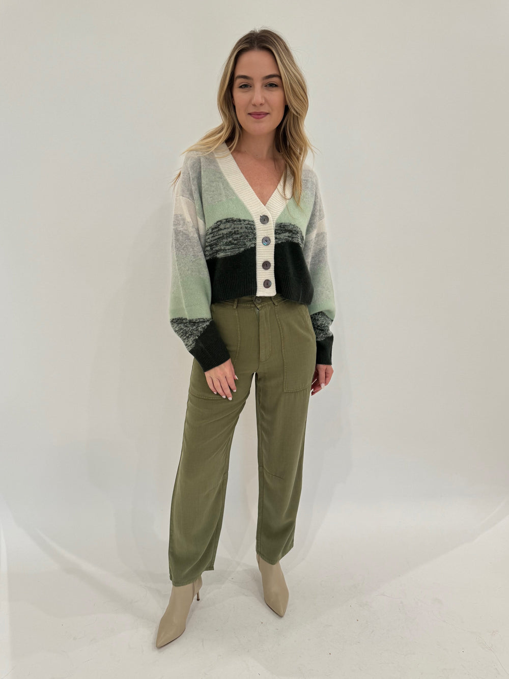 Colorush Horizon Textured Lolas Cardigan in Meadow paired with BK Sydney Crop Pants in Tea Leaf available at Barbara Katz