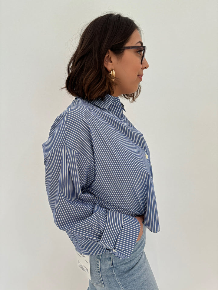 Repeat Long Sleeve Button Down Stripe Blouse in Blue Stripe