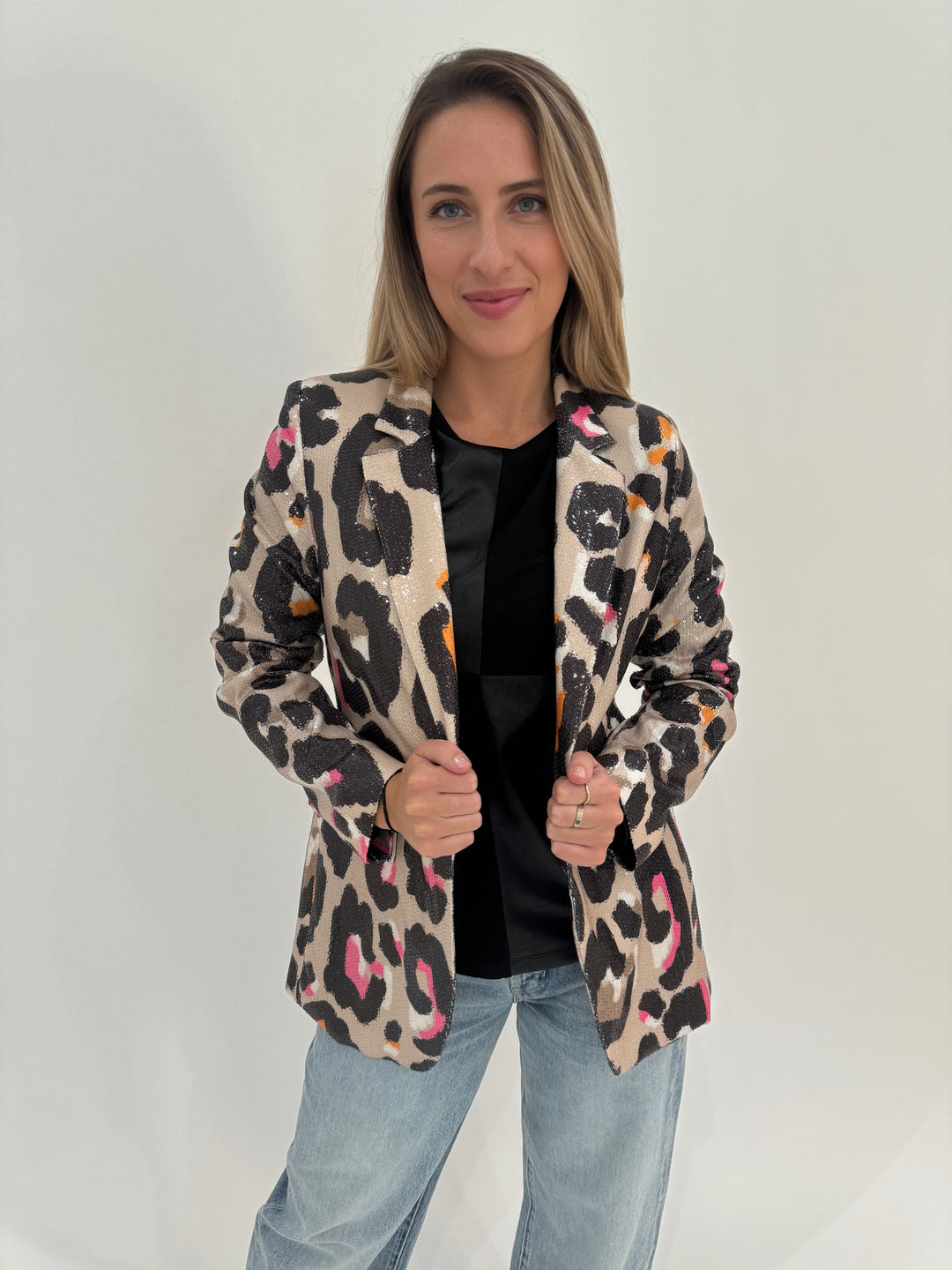 BK Sienna Suede & Vegan Leather Tee in Black layered with Vilagallo Andrea Sequin Jacket in Pink/Grey Leopard available at Barbara Katz