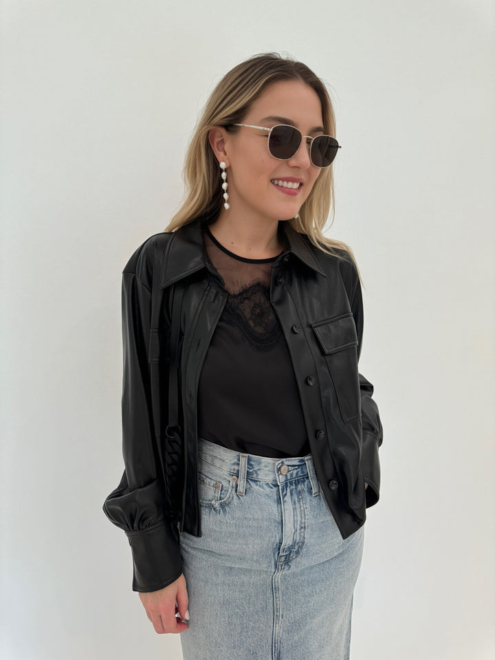 Generation Love Farren Lace Combo Short Sleeve Top in Black layered with Marella Book Button Down Shirt Jacket in Black, paired with Pistola Alice Midi Skirt in Brooklyn