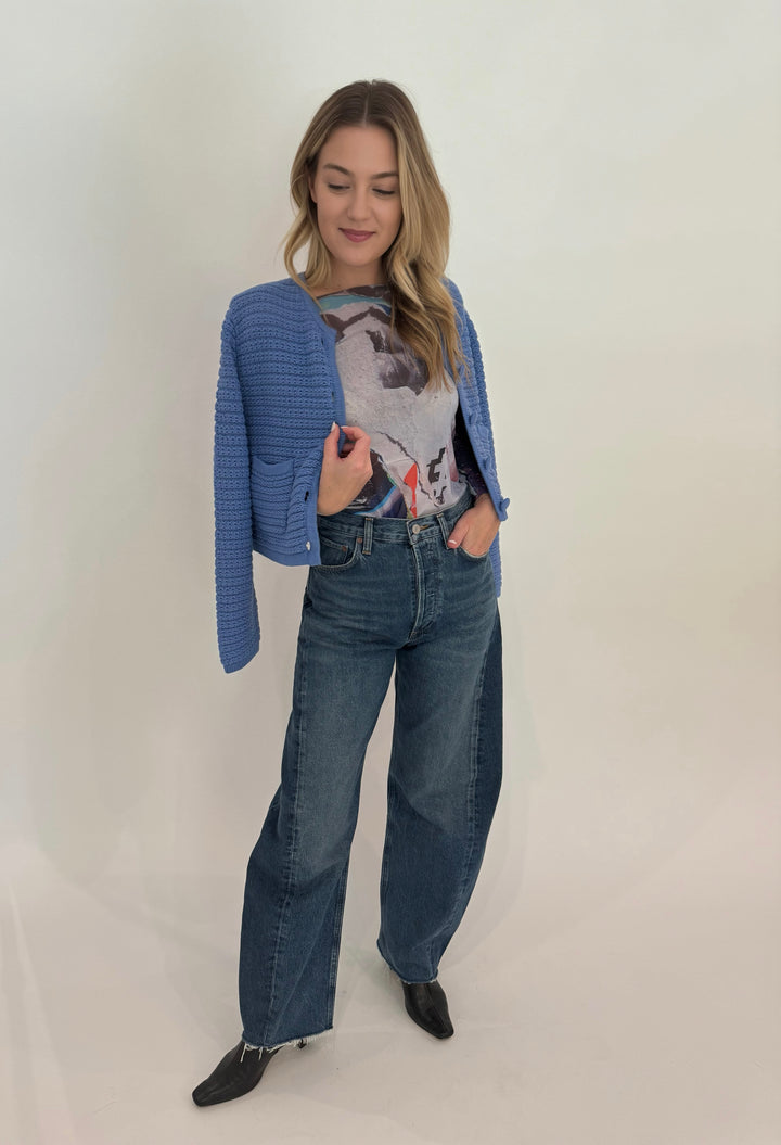 AMB NudiTee Sheer Top in Paper Mache Print paired with Agolde Luna Tapered Jeans and Barbara Katz Lili Chunky Textured Jacket in Blue Wave