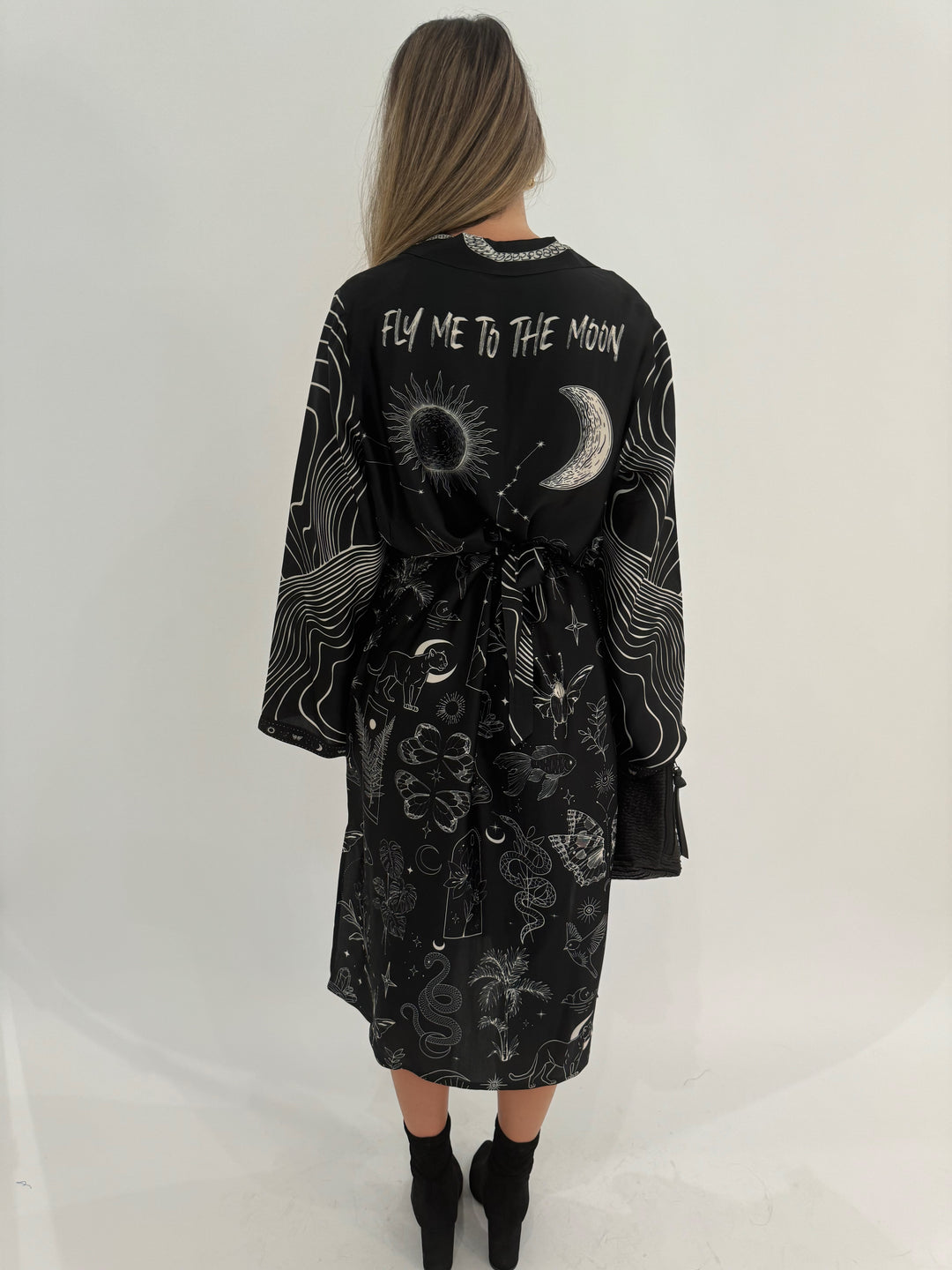 ME369 Nova Kimono Dress in Black Magic Print available at Barbara Katz