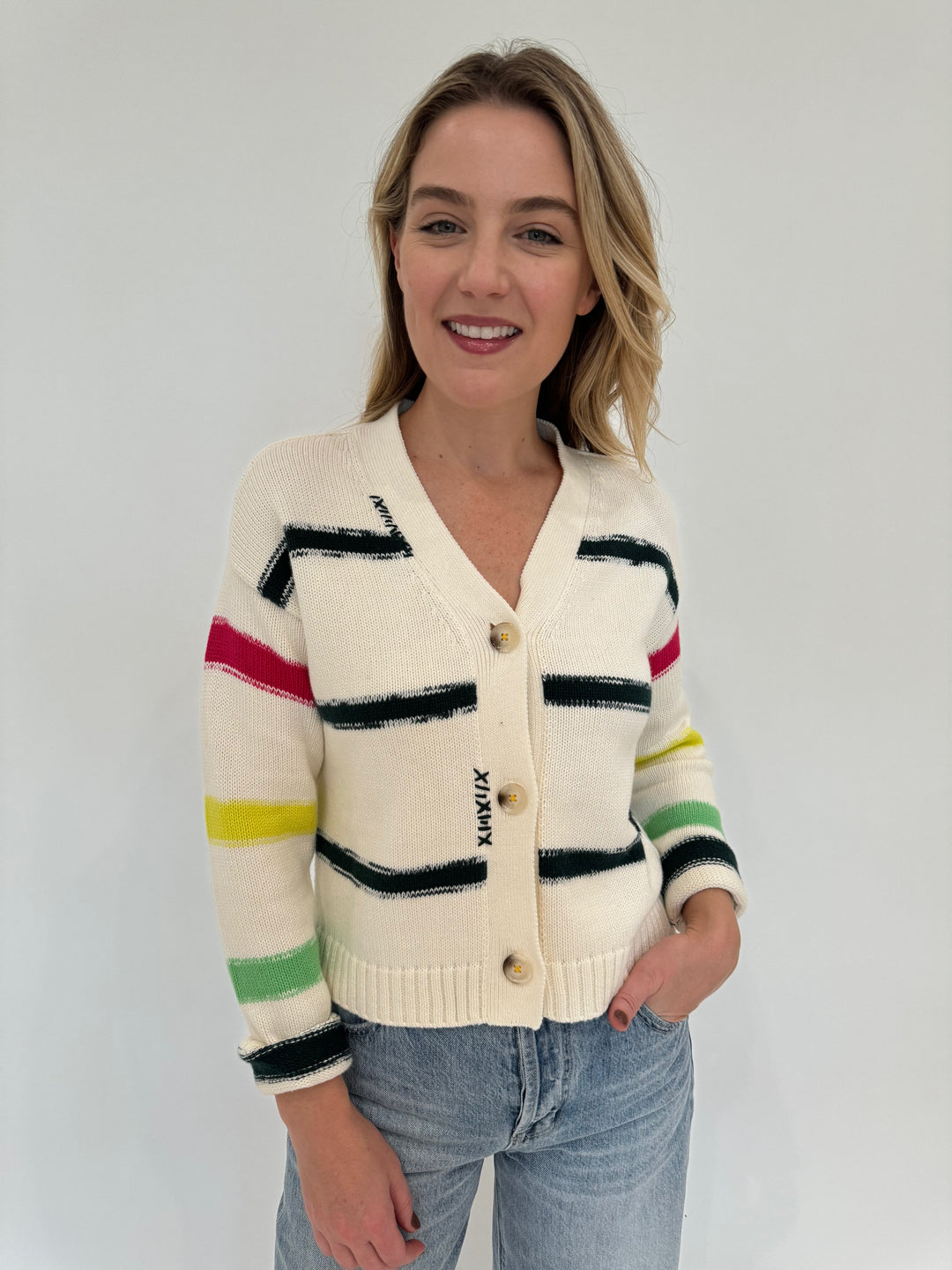 Kerri Rosenthal Milly Cardigan with Multicolor Stripes available at Barbara Katz